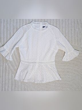 Jeuvre White Lace Eyelet Peplum Blouse Size M Romantic Bohemian EUC